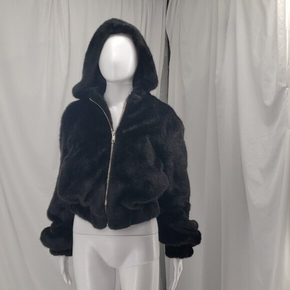 Helmut Lang Oversized Black Faux Mink Bomber Zipper Front Elastic Cuffs Size XS - Picture 6 of 14